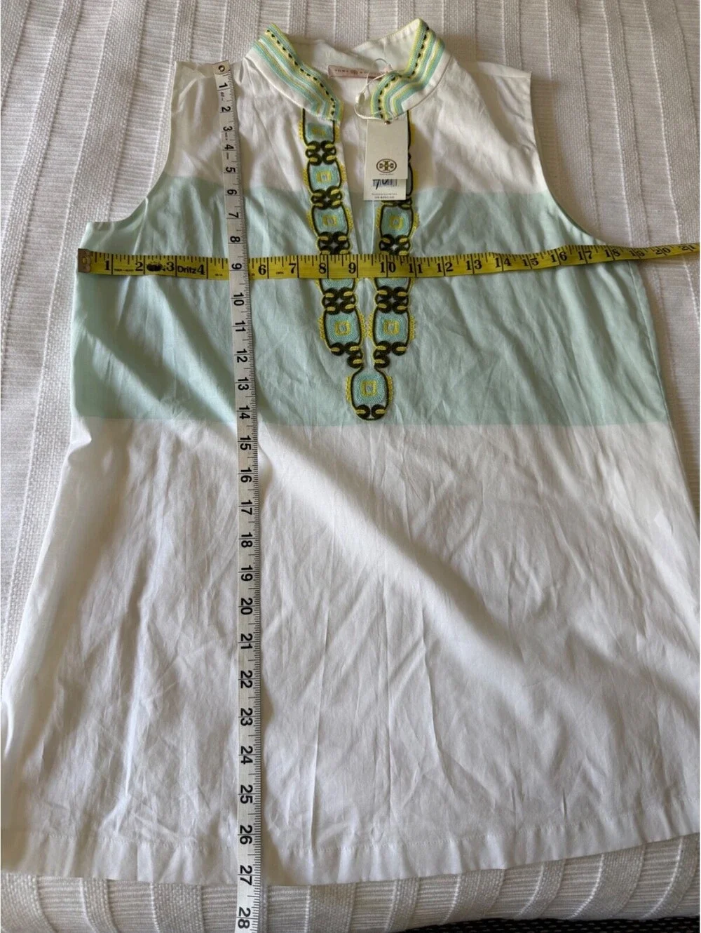 Tory Burch Isla Collins Stripe Tessa Tunic White Mint Green Embroidered Top Sz 6